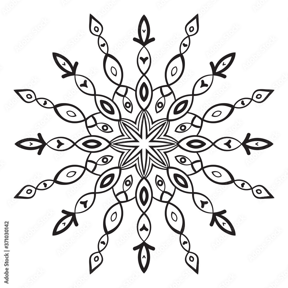 Black ornamental round doodle flower isolated on white background. Outline mandala. Geometric circle element. Vector illustration.   