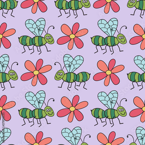 Seamless pattern with colorful midge and flowers. Floral ornament background. Vector illustration.  