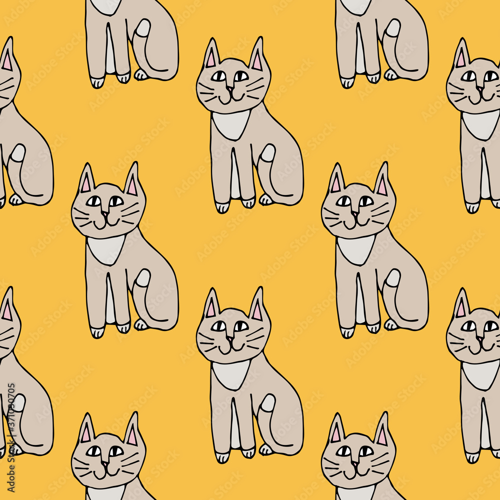 Cartoon doodle cat seamless pattern. Pet in childlike style, animal background. Vector illustration.       