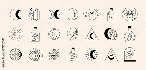 Vector abstract logo design template in trendy linear minimal style - sun, moon and stars - abstract symbol for cosmetics and packaging, jewellery, hand crafted or beauty products