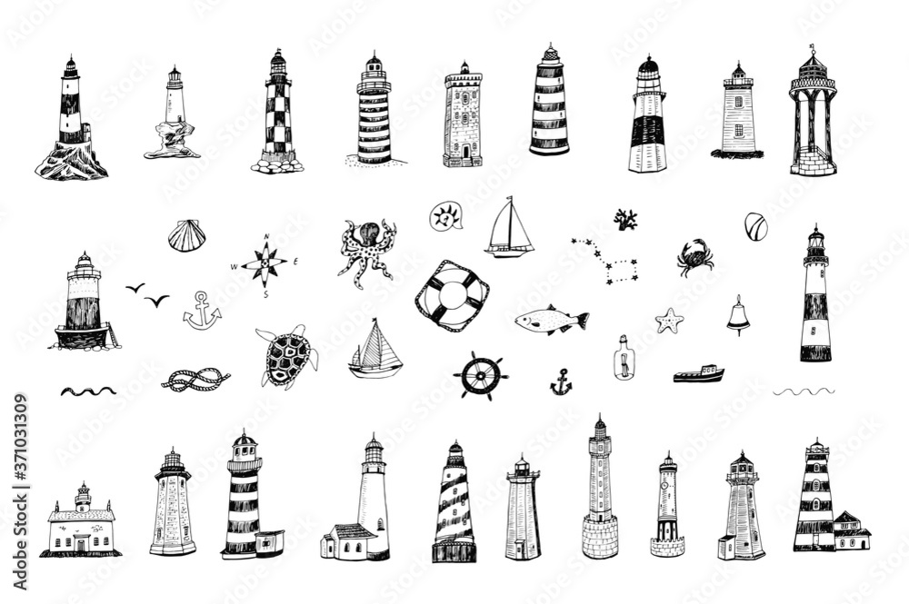Lighthouse in the sea, fish, seashell, octopus, boat vector hand drawn illustrations set