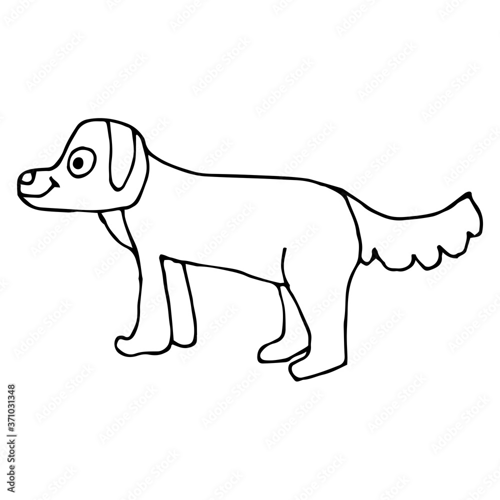 Cartoon doodle linear cute dog isolated on white background. Vector illustration.   