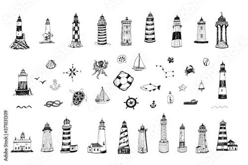 Lighthouse in the sea, fish, seashell, octopus, boat vector hand drawn illustrations set