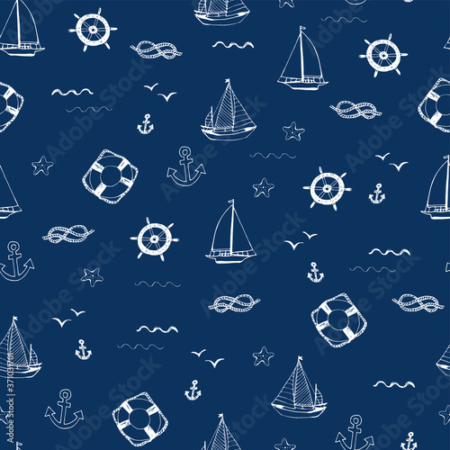 Sea objects: boats, anchor, bird, seashell, starfish, life byou, knot vector hand drawn seamless pattern