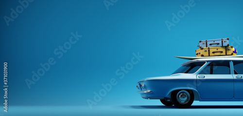 blue old timer car with surfboard and suitcases on top in front of the empty blue mockup background wall, 3D illustration