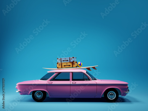 frontal view of the old timer car with surfboard and suitcases on top in front of the empty blue mockup background wall, 3D illustration