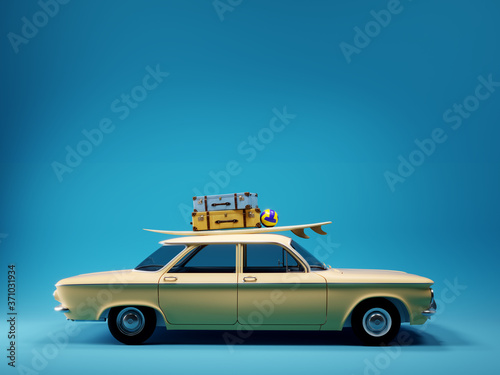 frontal view of the old timer car with surfboard and suitcases on top in front of the empty blue mockup background wall, 3D illustration