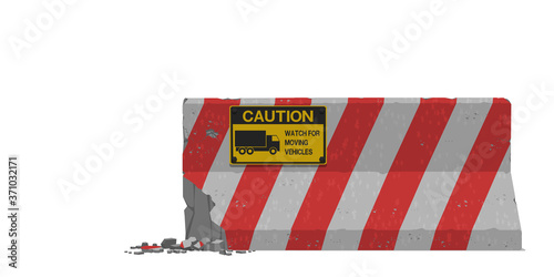isolated cracked barrier with warning sign on white background