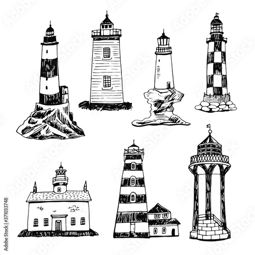 Lighthouse in the sea vector hand drawn illustrations line set