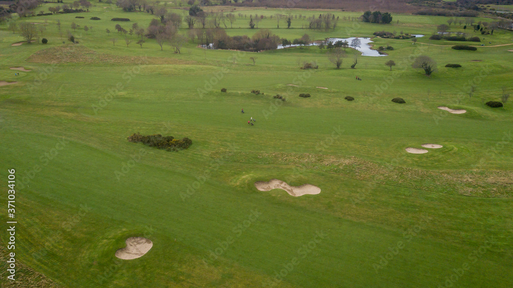 Aerial View of Golf Course with Lake and Bunkers, Ireland