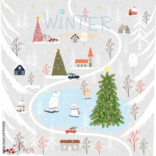 Vector Winter landscape,Cute winter wonderland at countryside with snow falling, polar bear playing ice skates in the park and family skiing on the mountain, Kawaii greeting card for Christmas