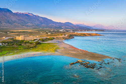 Aerial view of the castle at Frangokastello beach at sunset, Crete, Greece
