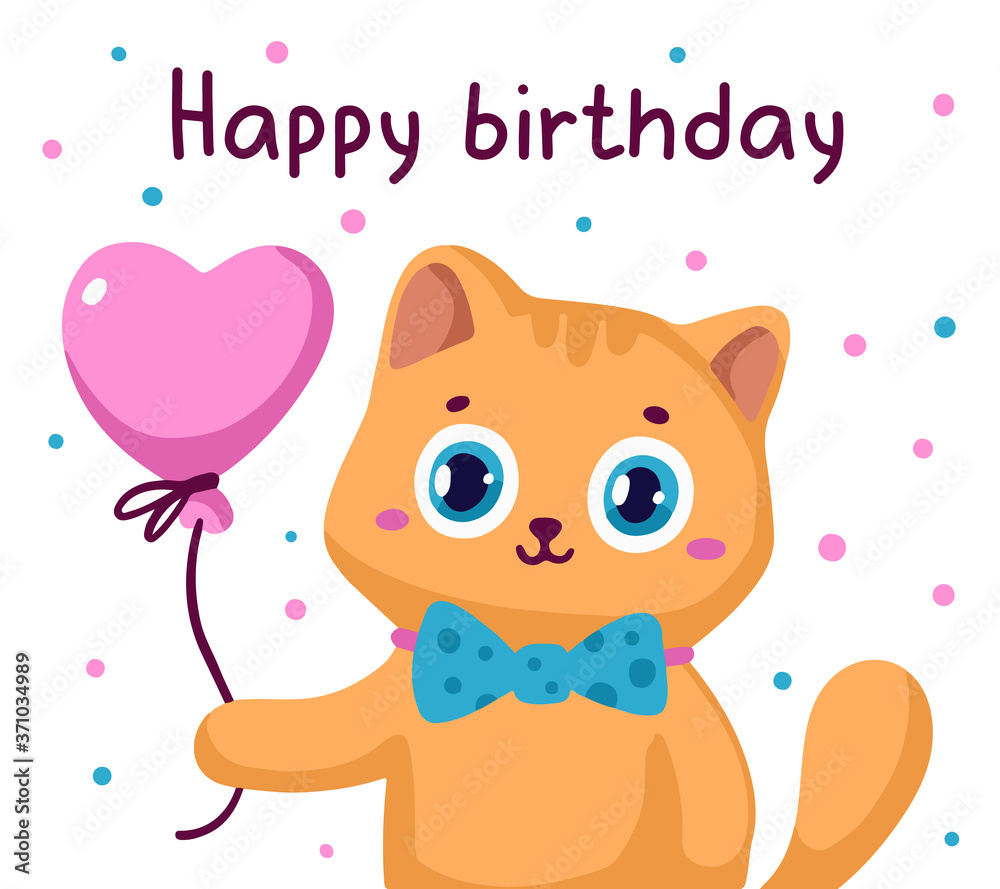 Vector holiday illustration of cute ginger cat with bow tie and heart shape balloon on white background with confetti and text happy birthday.