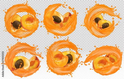 Apricot juice. Collection fresh fruit. Splashing juice on apricot. Sweet cocktail. Apricot are whole and cut in half. 3D realistic apricot. Vector icon