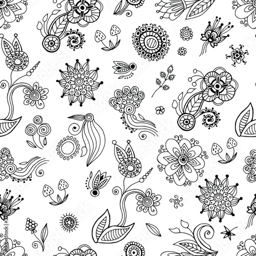 Seamless floral ornament in ethnic style. Line art. White background, isolator. Stock illustration. Design of wallpapers, fabrics, textiles, packaging.