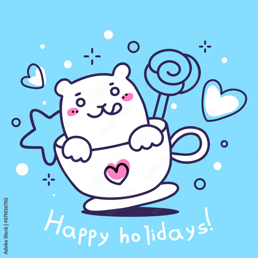 Vector line art style illustration of a cheerful smiling bear in cup on blue background. Vector line art style illustration of a cheerful smiling bear in cup on blue background.