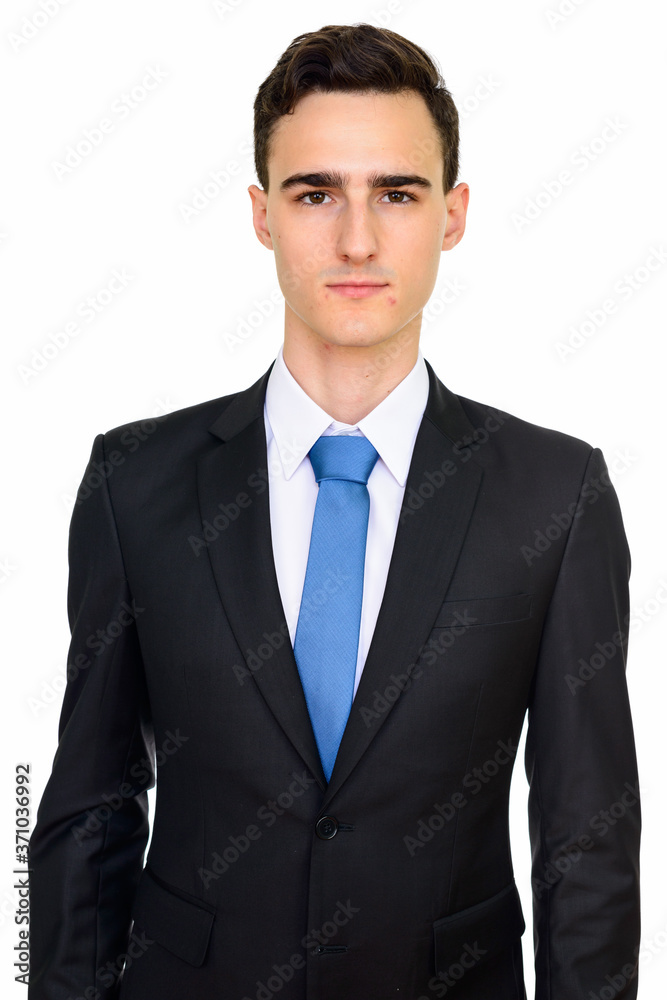 Studio shot of young handsome Caucasian businessman isolated against white background Studio shot of young handsome Caucasian businessman isolated against white background