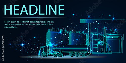 Oil truck. Fuel Tanker and tank farm. 3d abstract vector illustration. Low poly wireframe