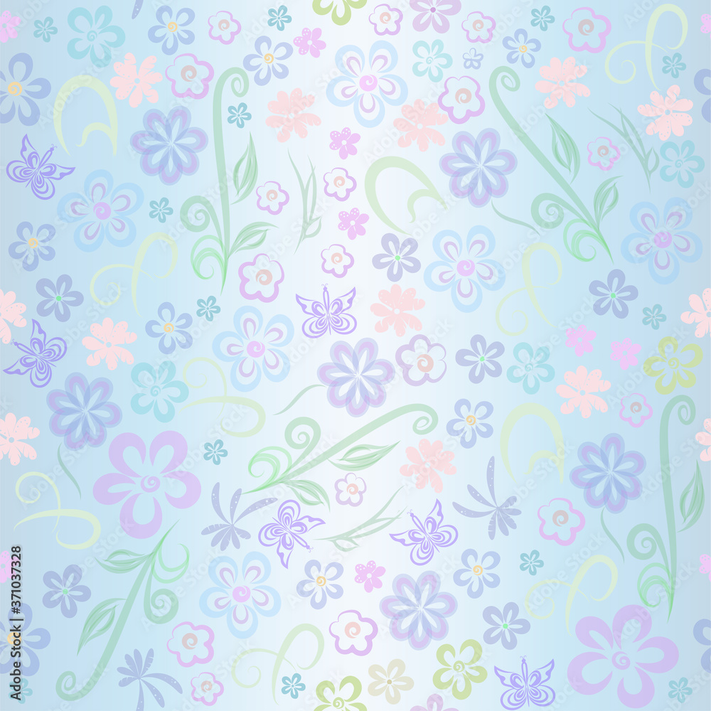 Beautiful floral pattern pastel colors. Many Small decorative flowers and curls on blue;background vector illustration for design cambric fabric, background of women's site, wallpaper, wrapping paper