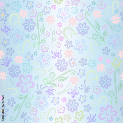 Beautiful floral pattern pastel colors. Many Small decorative flowers and curls on blue background vector illustration for design cambric fabric  background of women s site  wallpaper  wrapping paper