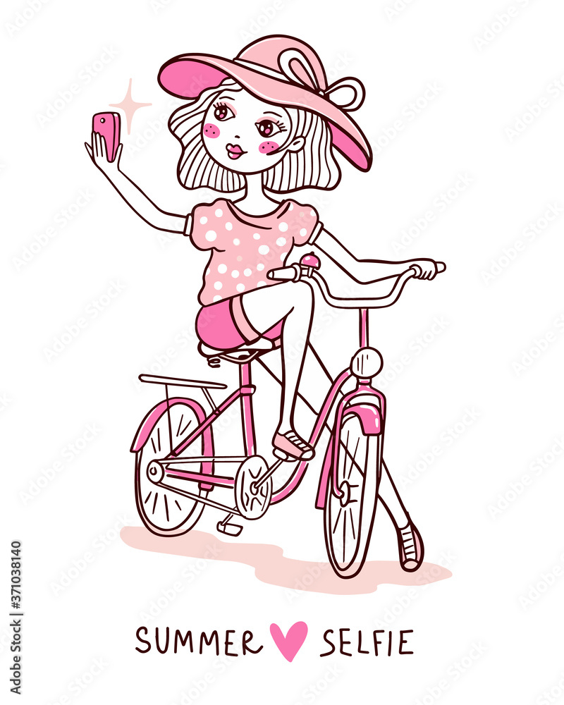 Vector illustration of a cute girl in a hat on a bicycle taking selfie on the phone.