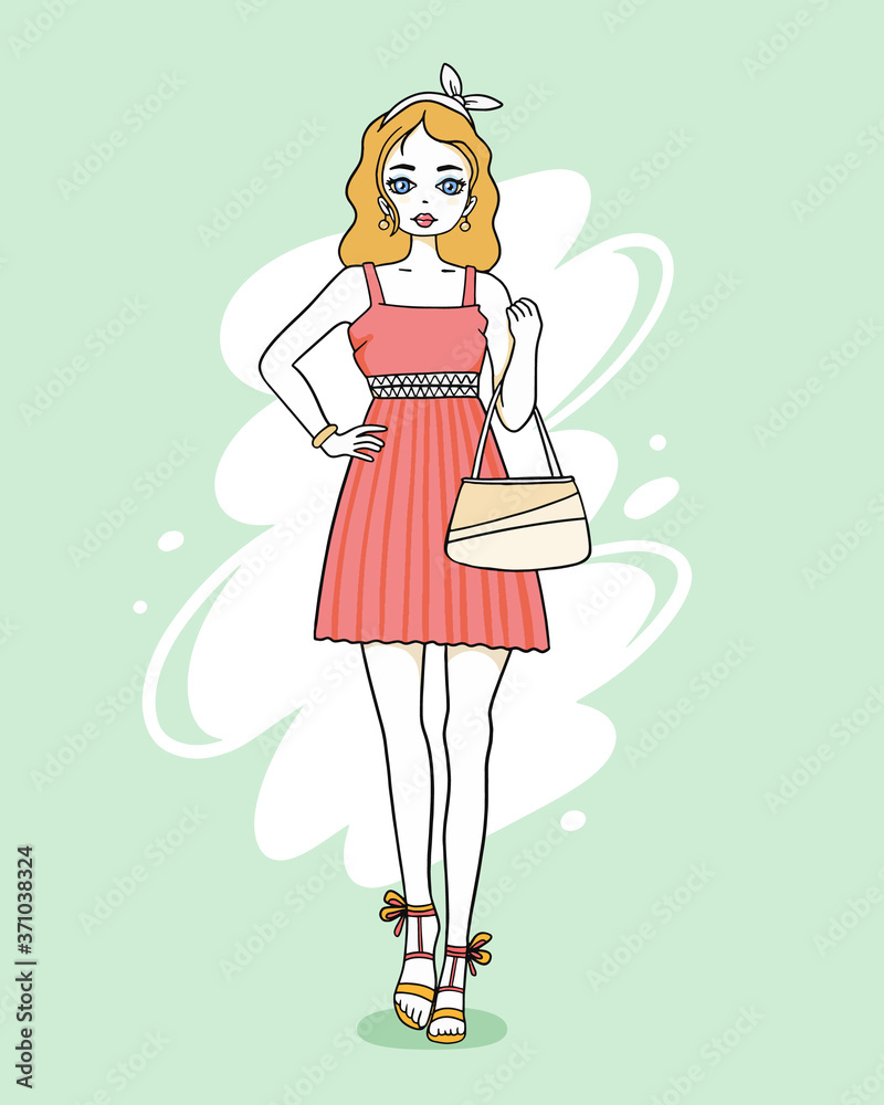 Vector fashion illustration of a beautiful blonde girl in a dress with bag in cool shoes. Vector fashion illustration of a beautiful blonde girl in a dress with bag in cool shoes.