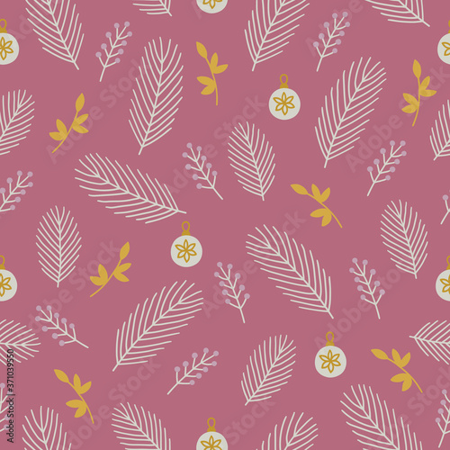 Christmas seamless pattern with balls, fir branches, leaves. Vector illustration