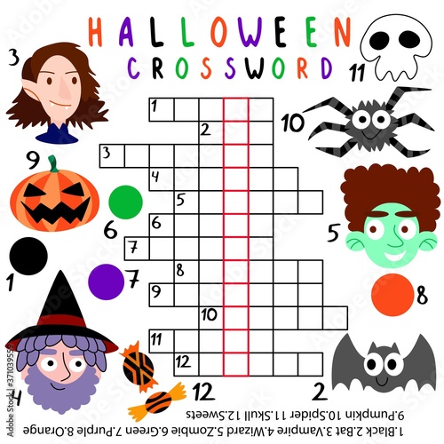 Halloween clossword for kids stock vector illustration. Amusing halloween crossword with skull, spider, zombie, bat, vampire, pumpkin, wizard, sweets, black, orange, green and purple colors.