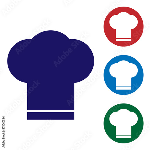Blue Chef hat icon isolated on white background. Cooking symbol. Cooks hat. Set icons in color square buttons. Vector Illustration.