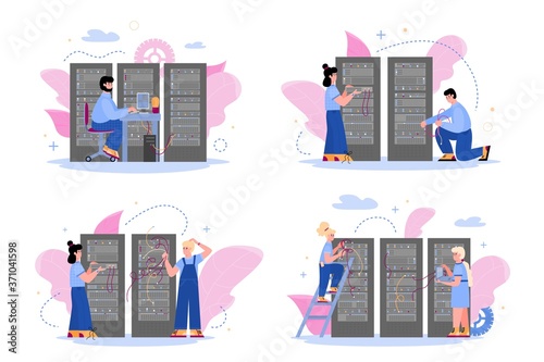 System administrators provides technical support for digital server of storing databases. Engineers working in data center with hosting servers. Set of flat isolated vector illustrations