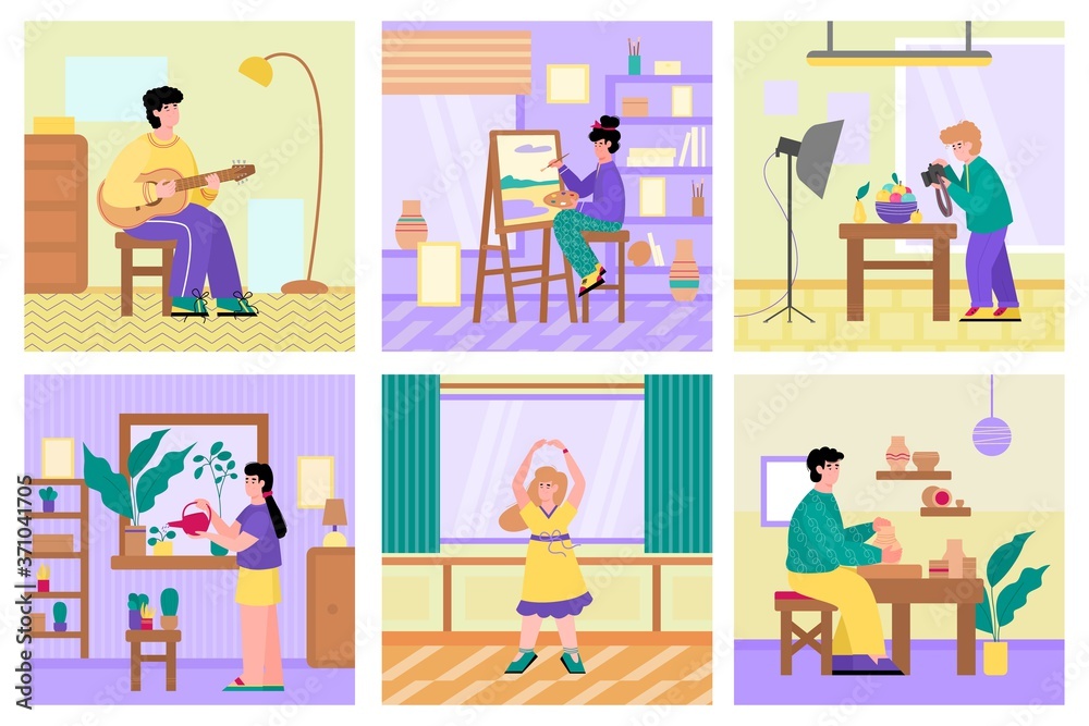 Set of people performing free time activities and hobbies, flat cartoon vector illustration. People home different leisure and hobby banners collection.