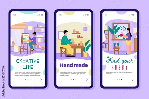 Cartoon people with creative hobby - mobile app set with man and women painting, doing pottery and gardening at home. Onboarding banner vector illustration.