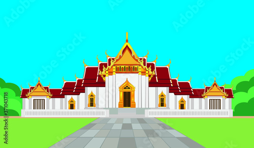 Wat Benchamabophit - The Famous marble temple and the symbols of Bangkok city Thailand with landscape drawing in vector
