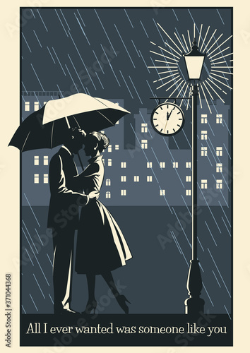 Romantic Couple in Love with Umbrella under the Rain, Romantic Illustration Retro Style, Night Scene 