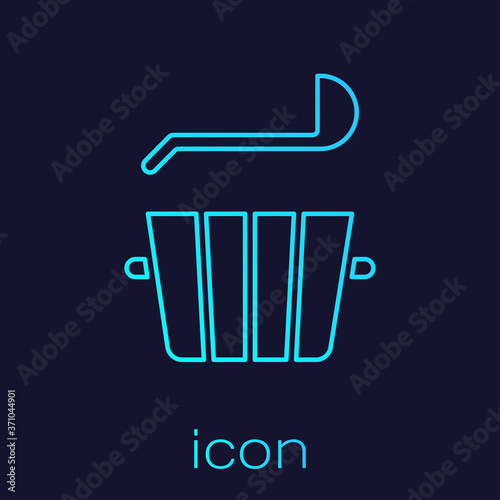 Turquoise line Sauna bucket and ladle icon isolated on blue background. Vector.