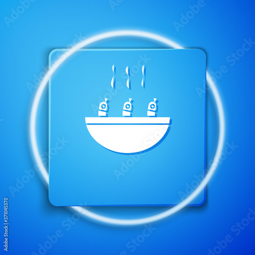 White Soup with shrimps icon isolated on blue background. Tom yum kung soup. Blue square button. Vector..