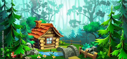 Wooden house in the forest. Scene with deciduous trees, firs, river, bridge and house. Vector illustration.