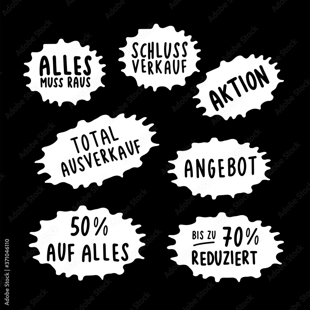 Hand sketched set of sale quotes Angebot, Reduziert, SSV, WSV, Schlussverkauf, Aktion in German. Translated Offer, Up to Off,  Discount, Final Sale