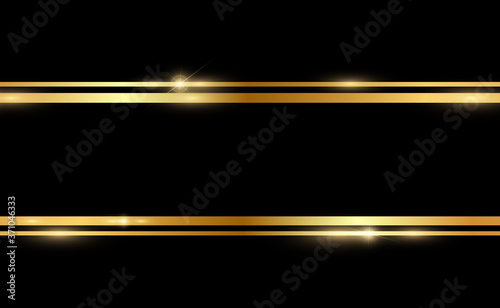 Gold glitter with shiny gold frame on a transparent black background. Vector luxury golden background.