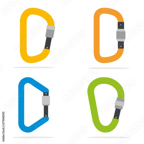 Climbing carabiners set. Oval, offset-d, d-shaped and pear-shaped types. Vector flat illustration