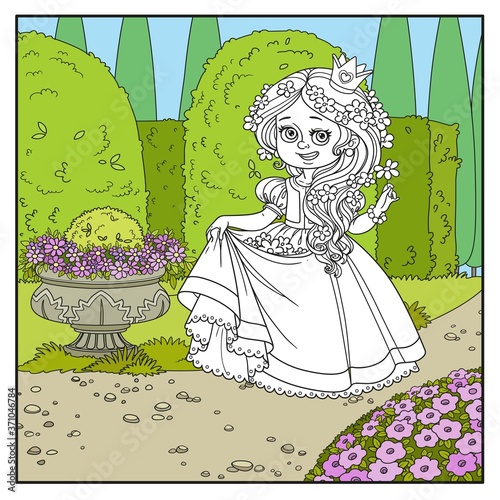 Beautiful princess with flowers in hair and the hem of the dress in palace park with topiary and flowers page for coloring