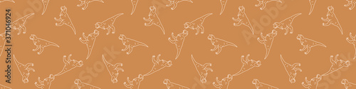 Seamless background cute Carnotaurus dinosaur gender neutral baby border pattern. Simple whimsical minimal earthy 2 tone color. Kids nursery decor edging fashion ribbon trim.