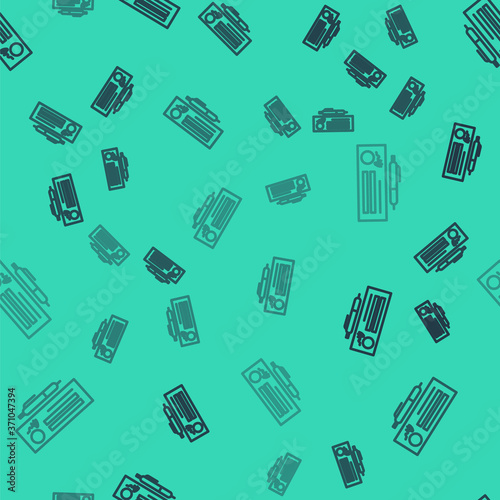 Black line Blank template of the bank check and pen icon isolated seamless pattern on green background. Checkbook cheque page with empty fields to fill. Vector Illustration.