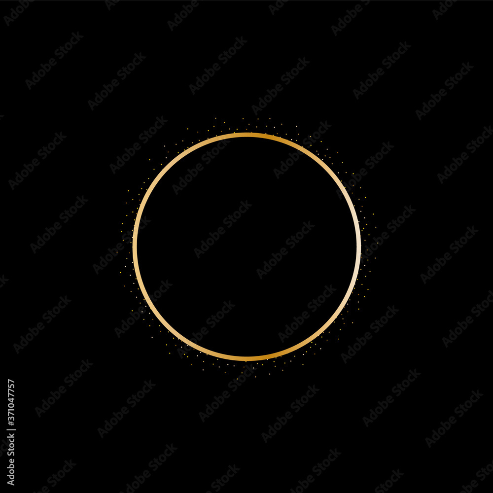 Fototapeta Golden splash or glittering spangles frame with empty center for text. Golden glittering circle made of tiny round dots on white background. Vector illustration.