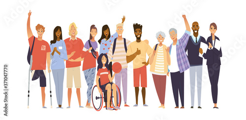 Cheering multiracial crowd of people. Happy fans are cheering for their team. A group of people supports athletes. Girl with the ball in wheelchair surrounded with her friends.