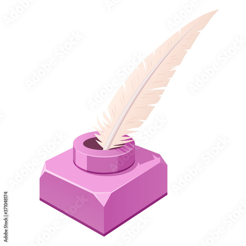 Feather and inkwell purple. Writing implements. Quill pen and square container, jar for holding ink.