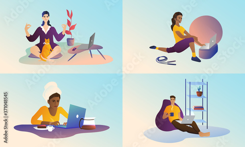 Remote work illustration set. Young handsome guys work at home. Girl with a laptop at the table. Sports activities online. Remote work concept, fresh design.