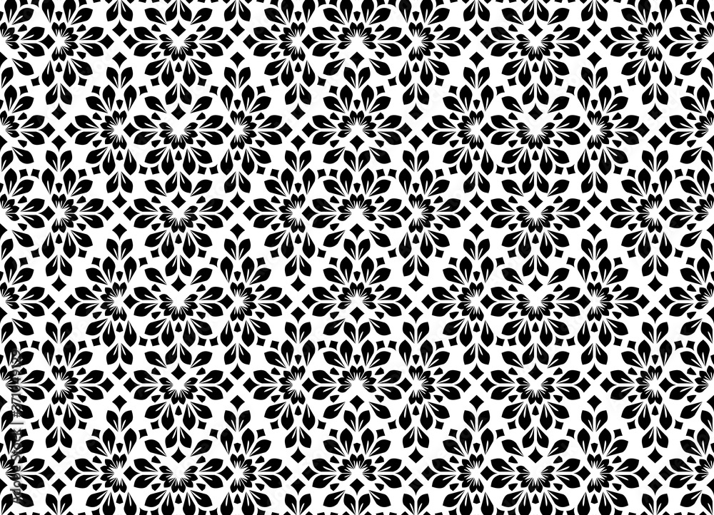 Flower geometric pattern. Seamless vector background. White and black ornament Flower geometric pattern. Seamless vector background. White and black ornament