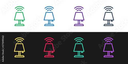 Set line Smart table lamp system icon isolated on black and white background. Internet of things concept with wireless connection. Vector.