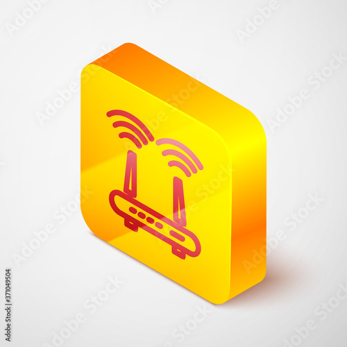Isometric line Router and wi-fi signal icon isolated on grey background. Wireless ethernet modem router. Computer technology internet. Yellow square button. Vector.